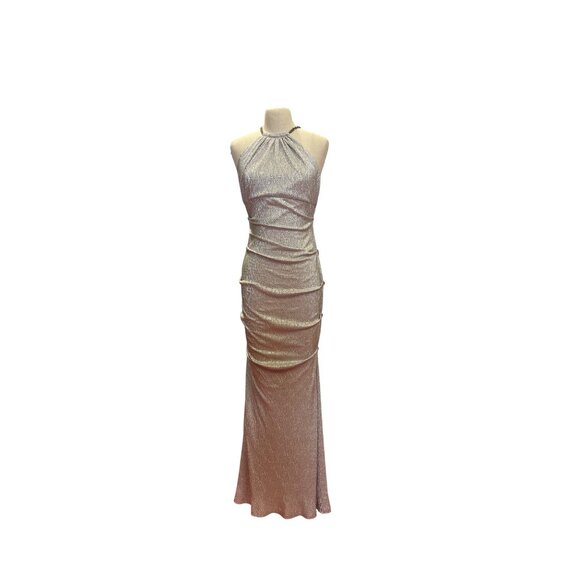 XSCAPE Silver Metallic Halter Neck Gown With Chain Detail Elegant Long Dress Eve - Picture 1 of 11